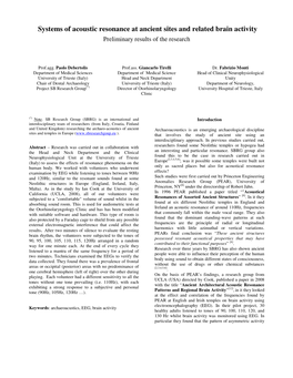 Systems of Acoustic Resonance at Ancient Sites and Related Brain Activity Preliminary Results of the Research