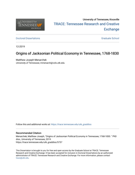 Origins of Jacksonian Political Economy in Tennessee, 1768-1830