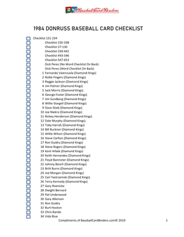 1984 Donruss Baseball Card Checklist