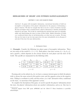 HIERARCHIES of BELIEF and INTERIM RATIONALIZABILITY 11 (·),T Is a Type Ti in a Type Space T Which Generates Ri