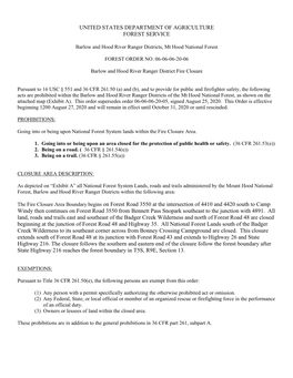 UNITED STATES DEPARTMENT of AGRICULTURE FOREST SERVICE the Fire Closure Area Boundary Begins on Forest Road 3550 at the Intersec