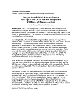 Songwriters Guild of America Cheers Passage of the CASE Act (HR 2426) by the US House of Representatives