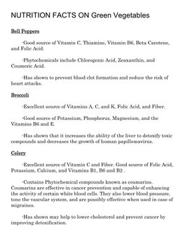 NUTRITION FACTS on Green Vegetables