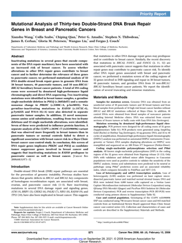 Mutational Analysis of Thirty-Two Double-Strand DNA Break Repair Genes in Breast and Pancreatic Cancers