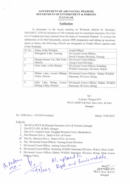 Notification on Recent Meeting on Wetlands of Arunachal Pradesh