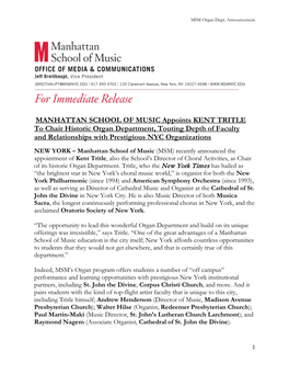 MANHATTAN SCHOOL of MUSIC Appoints KENT TRITLE to Chair Historic Organ Department, Touting Depth of Faculty and Relationships with Prestigious NYC Organizations