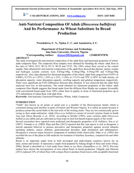 Anti-Nutrient Composition of Aduh (Dioscorea Bulbifera) and Its Performance As Wheat Substitute in Bread Production