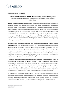 Melco Wins Five Awards at CEM Macau Energy Saving Activity 2019 Accrediting Energy Conservation Measures at City of Dreams, Studio City and Altira Macau