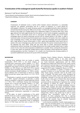 Translocation of the Endangered Apollo Butterfly Parnassius Apollo in Southern Finland