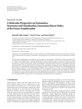 A Molecular Perspective on Systematics, Taxonomy and Classiﬁcation Amazonian Discus Fishes of the Genus Symphysodon