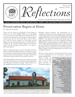 Preservation Begins at Home by ALANA COONS There Are Few Places As Wonderful As San Diego in Heritage Tourism Promotes the Preservation of a Which to Live Or Work