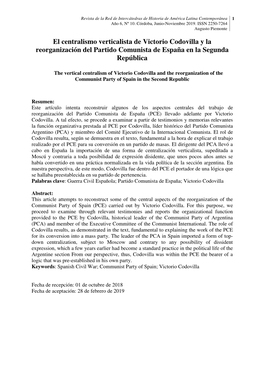 El Centralismo Verticalista De Victorio Codovilla Y La Reorganización Del Partido Comunista De España En La Segunda República
