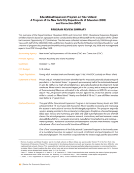 Educational Expansion Program on Rikers Island a Program of the New York City Departments of Education (DOE) and Correction (DOC)