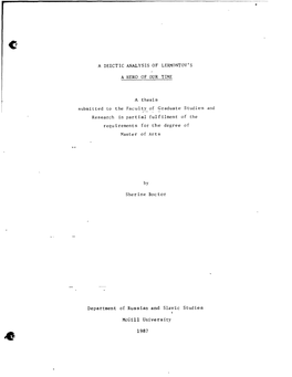 A DEICTIC ANAL YSIS of LERMONTOV' S a Thesis Submitted Ta the Faculty of Graduate Studies and Research in Partial Fui Filment Of