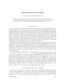 PERFECT BALANCING NUMBERS 1. Introduction a Perfect Number Is Natural Numbers Which Is Equal to the Sum of Its Proper Positive D