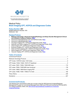 931 Brain Imaging CPT, HCPCS and Diagnoses Codes