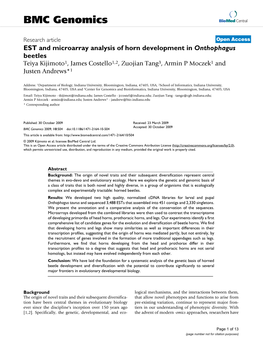 EST and Microarray Analysis of Horn Development in Onthophagus Beetles Teiya Kijimoto1, James Costello1,2, Zuojian Tang3, Armin P Moczek1 and Justen Andrews*1