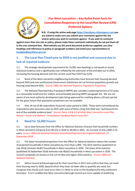 Key Bullet Point Facts for Consultation Responses to the Local Plan Review (LPR) Preferred Options