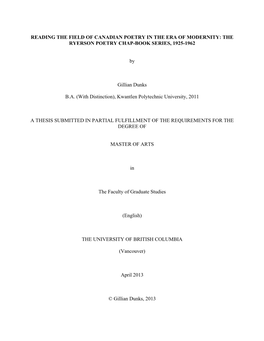 Reading the Field of Canadian Poetry in the Era of Modernity: the Ryerson Poetry Chap-Book Series, 1925-1962