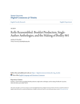 Rolle Reassembled: Booklet Production, Single- Author Anthologies, and the Making of Bodley 861 Andrew B