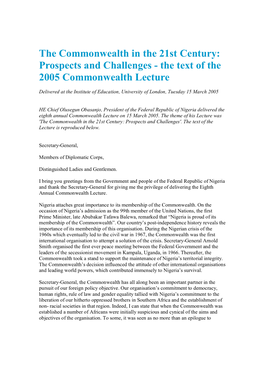 The Commonwealth in the 21St Century: Prospects and Challenges - the Text of the 2005 Commonwealth Lecture