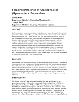 Foraging Preference of Atta Cephalotes (Hymenoptera: Formicidae) Laurel Klein Department of Zoology, University of Texas-Austin