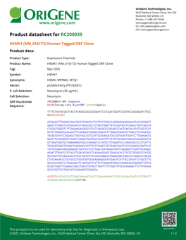 HEMK1 (NM 016173) Human Tagged ORF Clone – RC200039