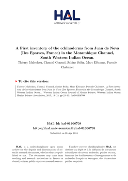 A First Inventory of the Echinoderms from Juan De Nova (Iles Eparses, France) in the Mozambique Channel, South Western Indian Ocean