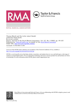 Thomas Morell and His Letter About Handel Author(S): Ruth Smith Reviewed Work(S): Source: Journal of the Royal Musical Association, Vol