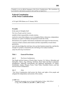 Federal Constitution of the Swiss Confederation of 18 April 1999 (Status As of 1 January 2021)