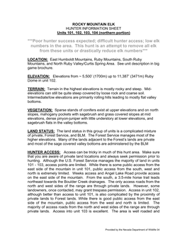 ELK HUNTER INFORMATION SHEET Units 101, 102, 103, 104 (Northern Portion)