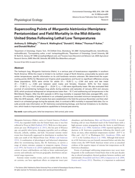 Hemiptera: Pentatomidae) and Field Mortality in the Mid-Atlantic United States Following Lethal Low Temperatures