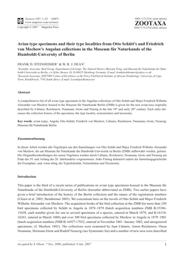 Avian Type Specimens and Their Type Localities from Otto Schutt's And