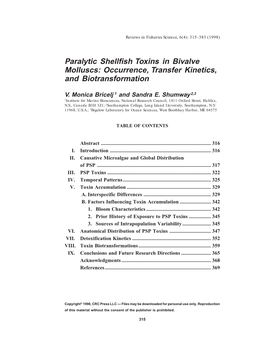 Paralytic Shellfish Toxins in Bivalve Molluscs: Occurrence, Transfer Kinetics, and Biotransformation