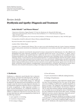 Dysthymia and Apathy: Diagnosis and Treatment