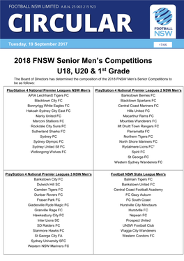2018 FNSW Senior Men's Competitions U18, U20 & 1St Grade