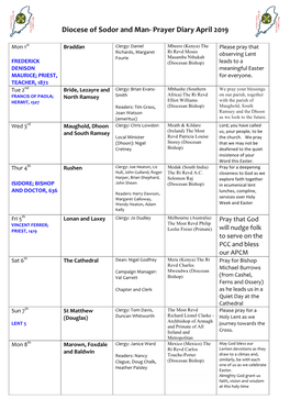 Diocese of Sodor and Man- Prayer Diary April 2019
