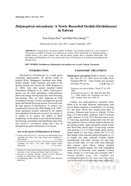 Didymoplexis Micradenia: a Newly Recorded Orchid (Orchidaceae) in Taiwan