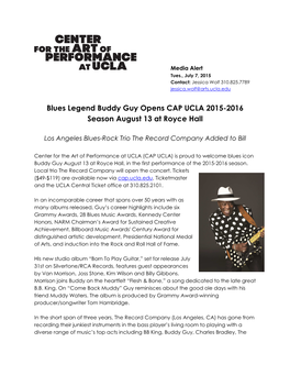 Blues Legend Buddy Guy Opens CAP UCLA 2015-2016 Season August 13 at Royce Hall