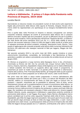 Lettura E Biblioteche. Il Prima E Il Dopo Della Pandemia Nella Provincia Di Imperia, 2019-2020 Loretta Marchi