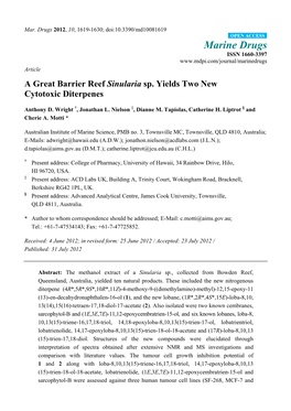 A Great Barrier Reef Sinularia Sp. Yields Two New Cytotoxic Diterpenes