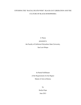 Upending the “Racial Death-Wish”: Black Gay Liberation and the Culture of Black Homophobia