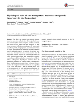 Physiological Roles of Zinc Transporters: Molecular and Genetic Importance in Zinc Homeostasis