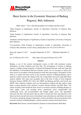 Basis Sector in the Economic Structure of Badung Regency, Bali, Indonesia