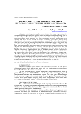 Diseases of Plants from Malvaceae Family from Spontaneous Flora in the South Western Part of Romania