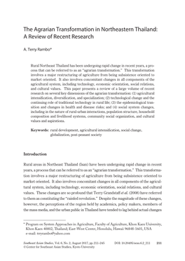 The Agrarian Transformation in Northeastern Thailand: a Review of Recent Research