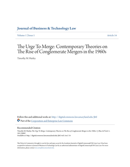 Contemporary Theories on the Rise of Conglomerate Mergers in the 1960S Timothy M