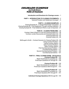 COLORADO CLOSINGS (24 Credit Hours) Table of Contents