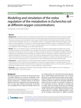 Modeling and Simulation of the Redox Regulation of the Metabolism in Escherichia Coli at Diferent Oxygen Concentrations Yu Matsuoka1 and Hiroyuki Kurata1,2*