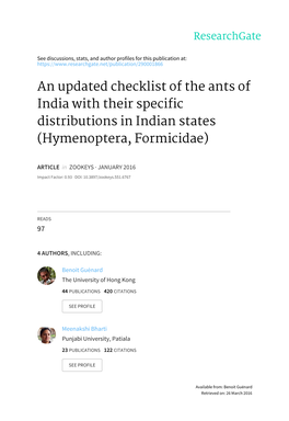 An Updated Checklist of the Ants of India with Their Specific Distributions in Indian States (Hymenoptera, Formicidae)